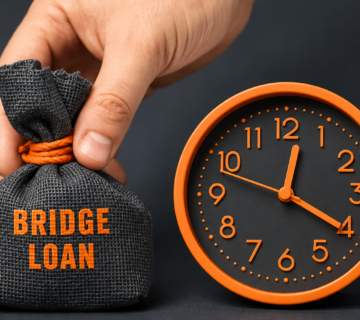 Bridge loan concept with a money bag and clock representing fast bridging finance in Hastings