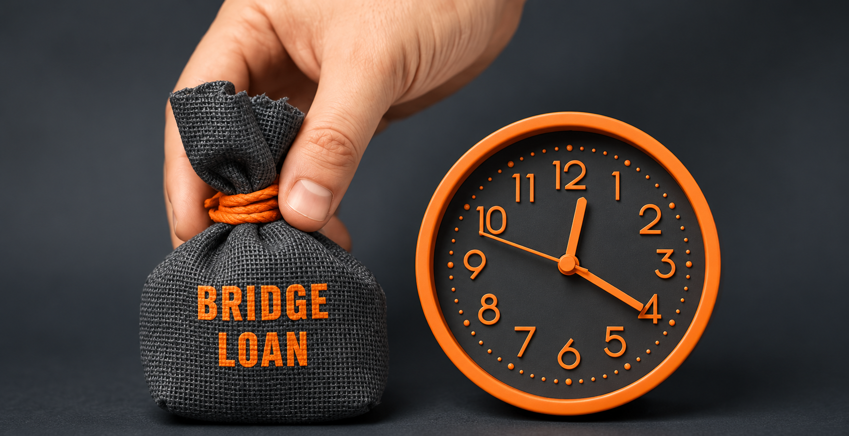 Bridge loan concept with a money bag and clock representing fast bridging finance in Hastings